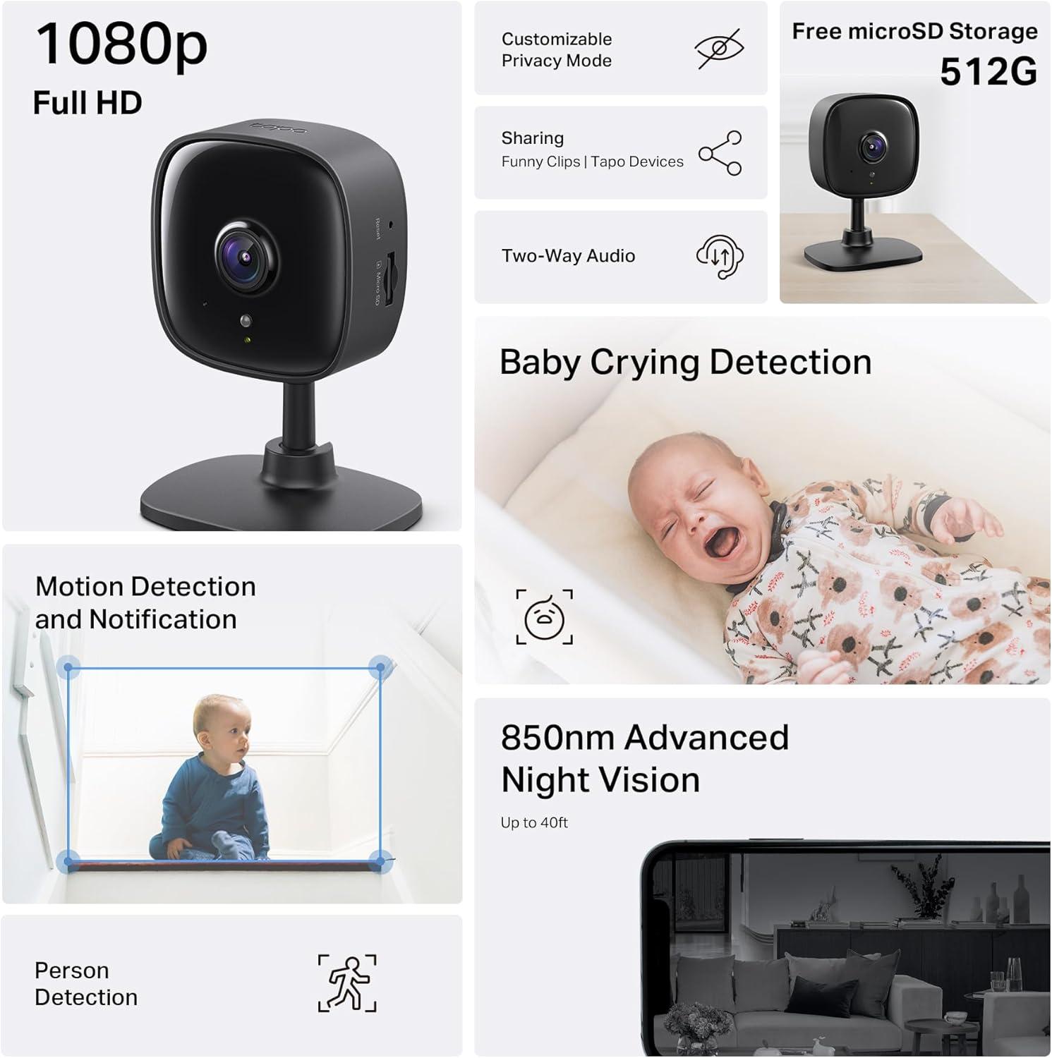 image:imageTapo 1080p IndoorOutdoor Security Camera  Free PersonMotionBaby Cry Detection Color Night Vision IP65 Weatherproof SDCloud Storage Works wAlexa amp Google Home HybridCamBlack